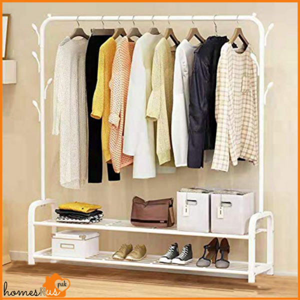 Garment Rack with Top Rod Dryer Rail and 2-Tier Bottom Storage Shelves - Multifunctional Clothes Hanger & Shoe Rack - Image 2