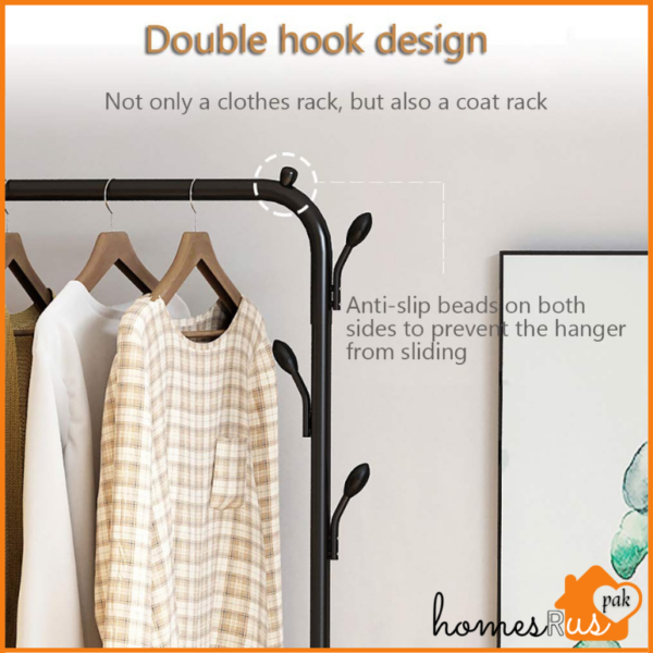 Garment Rack with Top Rod Dryer Rail and 2-Tier Bottom Storage Shelves - Multifunctional Clothes Hanger & Shoe Rack - Image 3