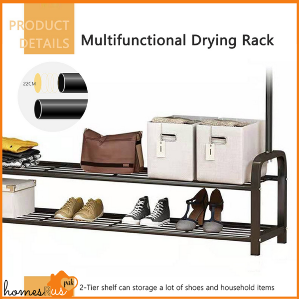 Garment Rack with Top Rod Dryer Rail and 2-Tier Bottom Storage Shelves - Multifunctional Clothes Hanger & Shoe Rack - Image 4