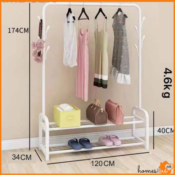 Garment Rack with Top Rod Dryer Rail and 2-Tier Bottom Storage Shelves - Multifunctional Clothes Hanger & Shoe Rack - Image 7