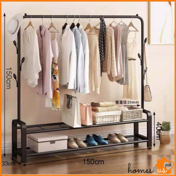 Garment Rack with Top Rod Dryer Rail and 2-Tier Bottom Storage Shelves - Multifunctional Clothes Hanger & Shoe Rack - Image 8