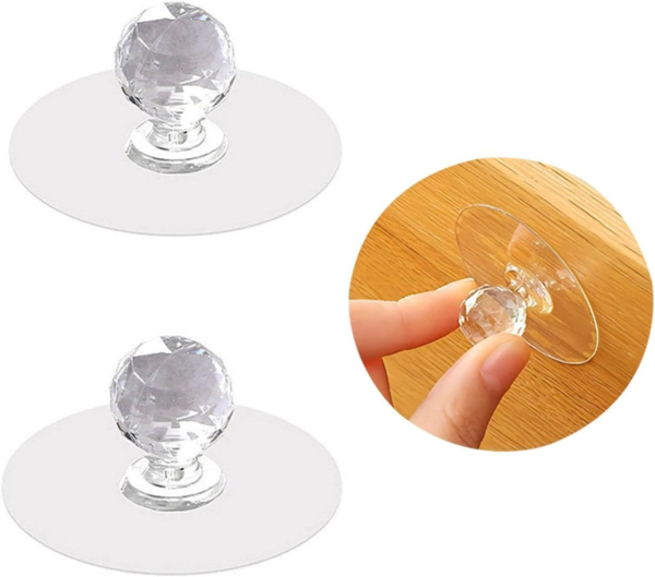 Pack of 05 Clear Cabinet Drawer Knobs, Diamond Crystal Shaped Pulls Handles for Wardrobe, Kitchen, Cupboard, Bathroom Self-Adhesive Drill Free Self-Stick