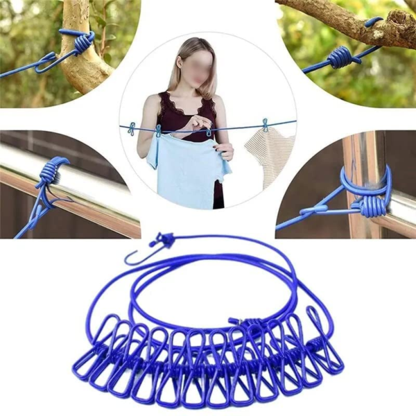 Cloth Drying Rope with Hooks | Elastic Hanging Rope for Cloth Drying with 12 Clips | Cloth Rope for Drying Clothes for Travel Home Outdoor - Image 8