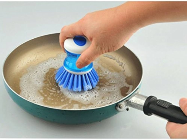 Soap Dispensing Brush- Kitchen Brush for Dish Pot Pan Sink Cleaning - Plastic Cleaning Brush with Liquid Soap Dispenser