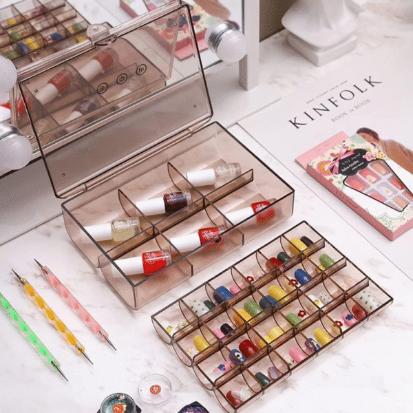 2 LAYER ACRYLIC JEWELRY STORAGE BOX DUSTPROOF EARRING BOX, STORAGE BOX PORTABLE NAIL ART STORAGE CASE, 24-GRID SMALL AND 6-GRID BIG CASE MAKEUP VANITY BOX - Image 4