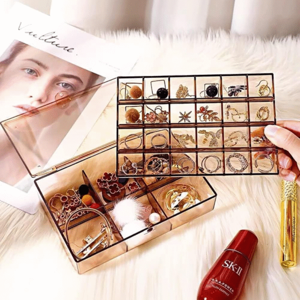 2 LAYER ACRYLIC JEWELRY STORAGE BOX DUSTPROOF EARRING BOX, STORAGE BOX PORTABLE NAIL ART STORAGE CASE, 24-GRID SMALL AND 6-GRID BIG CASE MAKEUP VANITY BOX - Image 3