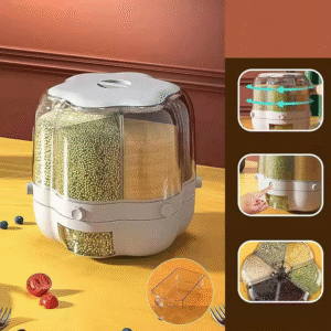 Rice Dispenser, 360°Rotating Transparent Rice Dispenser,6 Grid Visualisation Rice Storage Container with Airtight Lid and Rice Cup, for Home Kitchen Food Grain Storage Container