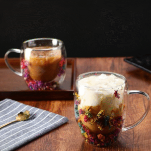 Glass Insulated Coffee Mug - Double Wall Glass Coffee Mugs, Dried Flowers Clear Double Walled Mugs | Large Capacity, Heat Resistant Drinkware with Handle for Cappuccino Coffee Tea Milk