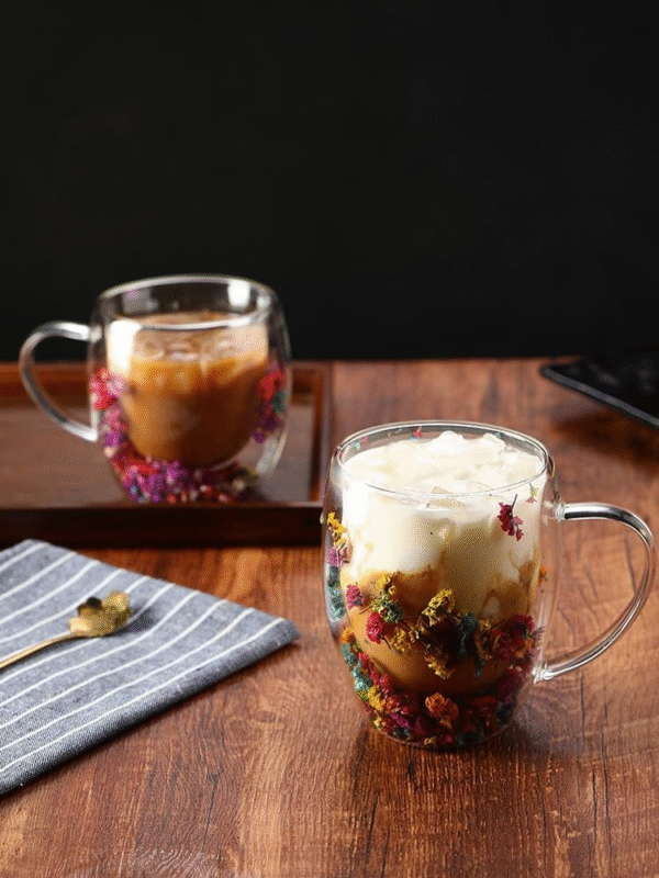 Glass Insulated Coffee Mug - Double Wall Glass Coffee Mugs, Dried Flowers Clear Double Walled Mugs | Large Capacity, Heat Resistant Drinkware with Handle for Cappuccino Coffee Tea Milk