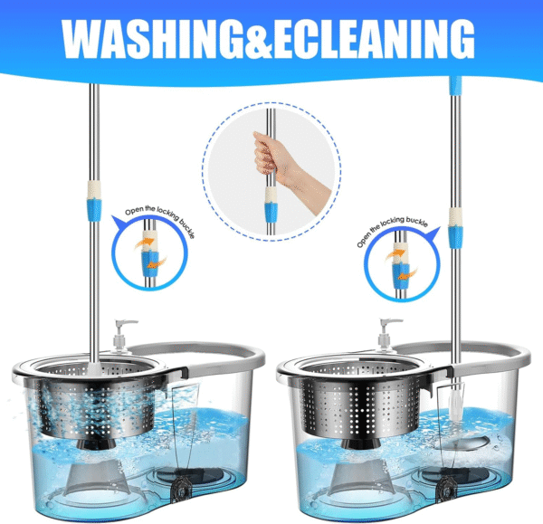 Spin Mop and Bucket with Wringer Set, 360° Spinning Mop Bucket System with 2 Microfiber Mop Replacement Heads, Adjustable Handle for Floor Cleaning - Image 6