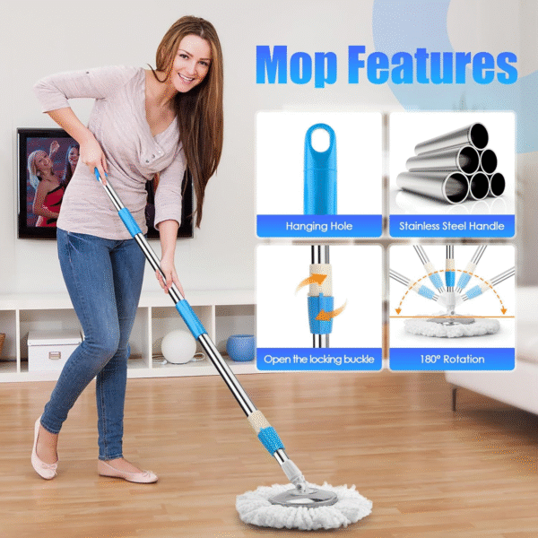 Spin Mop and Bucket with Wringer Set, 360° Spinning Mop Bucket System with 2 Microfiber Mop Replacement Heads, Adjustable Handle for Floor Cleaning - Image 4