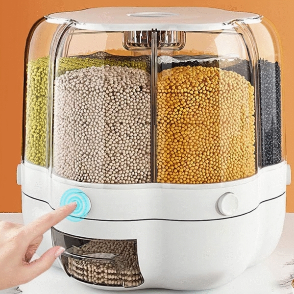 Rice Dispenser, 360°Rotating Transparent Rice Dispenser,6 Grid Visualisation Rice Storage Container with Airtight Lid and Rice Cup, for Home Kitchen Food Grain Storage Container - Image 5