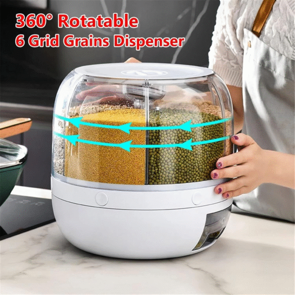 Rice Dispenser, 360°Rotating Transparent Rice Dispenser,6 Grid Visualisation Rice Storage Container with Airtight Lid and Rice Cup, for Home Kitchen Food Grain Storage Container - Image 4