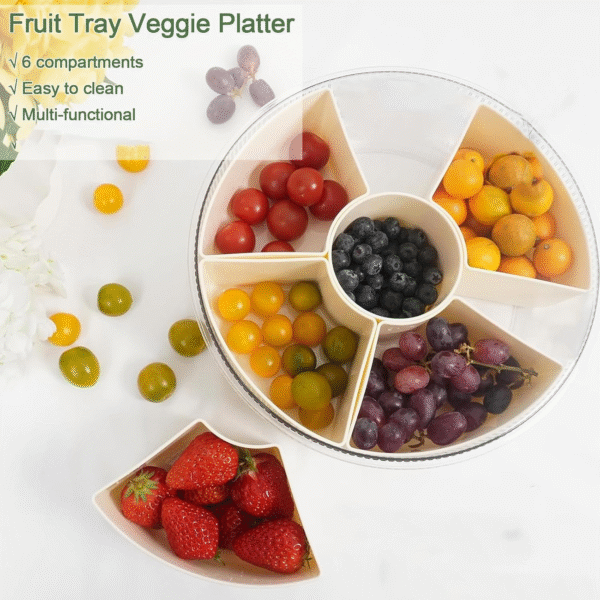 360° Rotatable Divided Serving Tray, Snack Container with 6 Compartment, Removable Platters Food Storage Container with Lid and Handle for Veggies, Snack, Fruit, Nuts, Candy, Cracker - Image 6