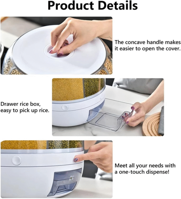 Rice Dispenser, 360°Rotating Transparent Rice Dispenser,6 Grid Visualisation Rice Storage Container with Airtight Lid and Rice Cup, for Home Kitchen Food Grain Storage Container - Image 3