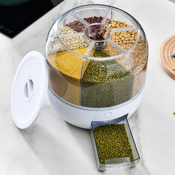 Rice Dispenser, 360°Rotating Transparent Rice Dispenser,6 Grid Visualisation Rice Storage Container with Airtight Lid and Rice Cup, for Home Kitchen Food Grain Storage Container - Image 2