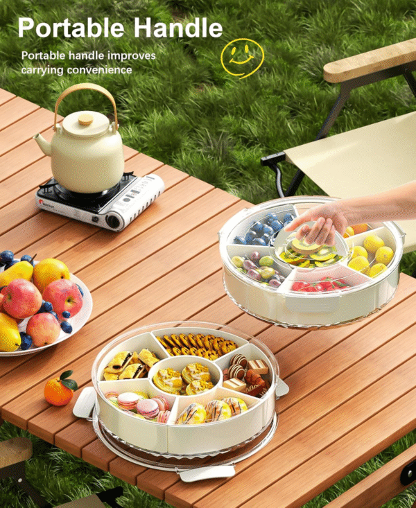 360° Rotatable Divided Serving Tray, Snack Container with 6 Compartment, Removable Platters Food Storage Container with Lid and Handle for Veggies, Snack, Fruit, Nuts, Candy, Cracker - Image 4