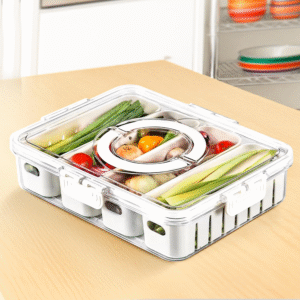 Multi-Purpose Stackable Fridge Organizer Storage box with Lid – Removable 4 Compartment Tray, Airtight with Handle – Freezer-Safe, Container for Fruits, Herbs, Vegetables