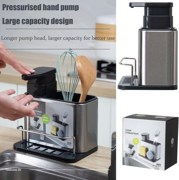 Stainless Steel Sink Organizer 3-in-1 Kitchen Soap Dispenser Sponge Holder Dishwashing Liquid Container Stainless Steel Draining Rack