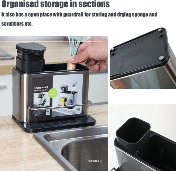 Stainless Steel Sink Organizer 3-in-1 Kitchen Soap Dispenser Sponge Holder Dishwashing Liquid Container Stainless Steel Draining Rack - Image 7
