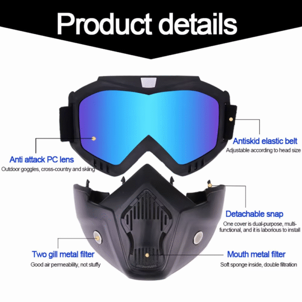 Motorcycle Helmet Glasses Masks Protective Face & Eyewear Windproof Dirt Shield with Soft Foam Padded Detachable Mouth Filter for Cycling Bike Off Road Racing Ride Unisex - Image 6