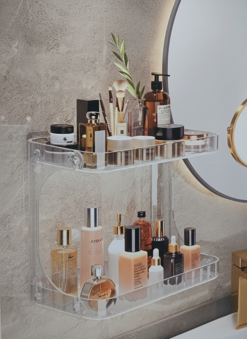 Premium 2-Tier Clear Acrylic Makeup & Skincare Organizer Rack for Vanity and Dressing Table - Multi-Purpose Display