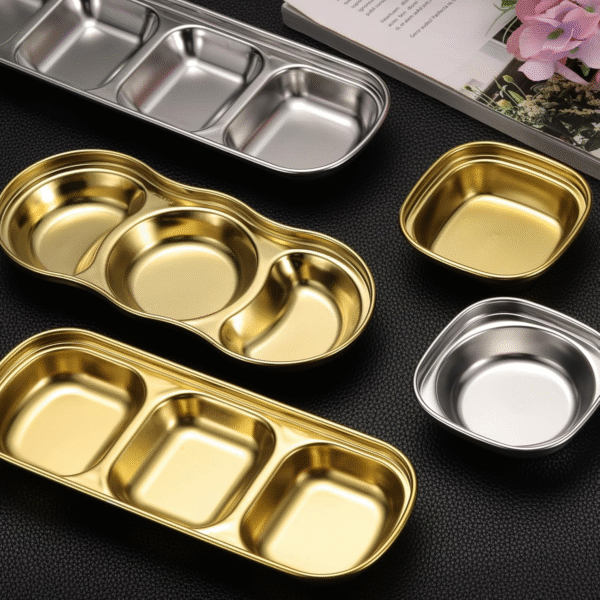 Multi-Color Stainless Steel Dish Dipping Bowls with 3 Round Compartment Divided, Metal Seasoning Plate Dipping Bowl for Condiment Home Party Restaurant Picnic Travel - Image 4