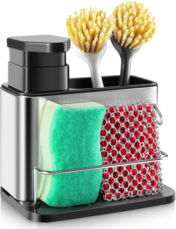 Stainless Steel Sink Organizer 3-in-1 Kitchen Soap Dispenser Sponge Holder Dishwashing Liquid Container Stainless Steel Draining Rack - Image 3