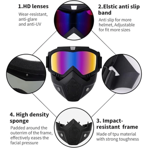Motorcycle Helmet Glasses Masks Protective Face & Eyewear Windproof Dirt Shield with Soft Foam Padded Detachable Mouth Filter for Cycling Bike Off Road Racing Ride Unisex - Image 3
