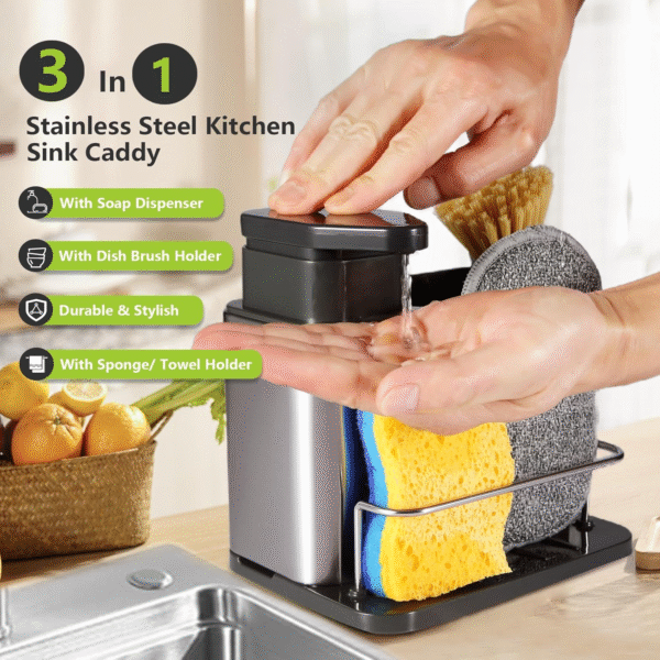 Stainless Steel Sink Organizer 3-in-1 Kitchen Soap Dispenser Sponge Holder Dishwashing Liquid Container Stainless Steel Draining Rack - Image 2