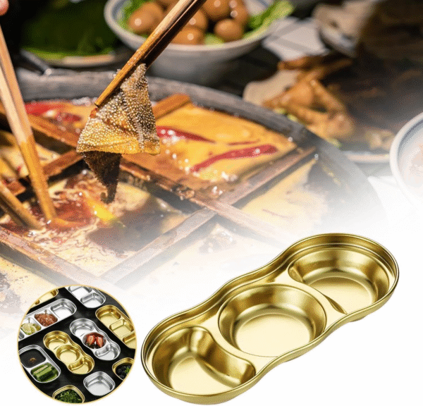 Multi-Color Stainless Steel Dish Dipping Bowls with 3 Round Compartment Divided, Metal Seasoning Plate Dipping Bowl for Condiment Home Party Restaurant Picnic Travel - Image 2
