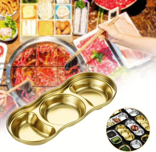 Multi-Color Stainless Steel Dish Dipping Bowls with 3 Round Compartment Divided, Metal Seasoning Plate Dipping Bowl for Condiment Home Party Restaurant Picnic Travel