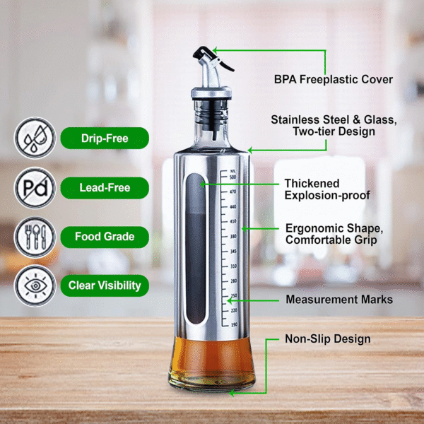 Stainless Steel Oil Dispenser 500ml - Cooking Oil Containers for Kitchen - Dust & Leak Proof Oil Pourer - Modern Oil Can for Kitchen - Glass Oil Dispenser Bottle - Image 3