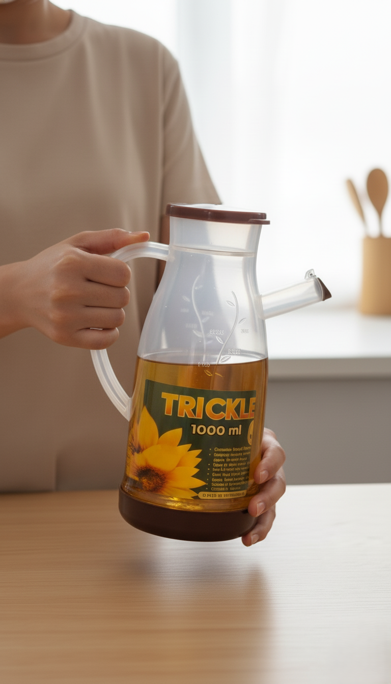 TRICKLE Oil Dispenser Jug 1000ml | Leak-Proof Plastic Cooking Oil Pourer with Handle & Measuring Scale | Kitchen Essential