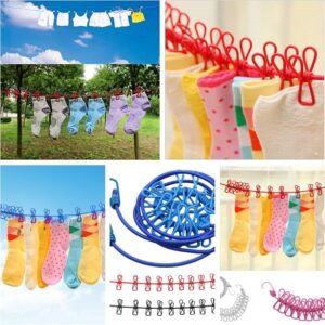 Cloth Drying Elastic Rope with 12 Clothespins, Rubber Laundry Clothesline, Adjustable Hanging Clothes Rope for Camping, Home Backyard, Outdoor and Indoor Cloth Drying (Multicolor)