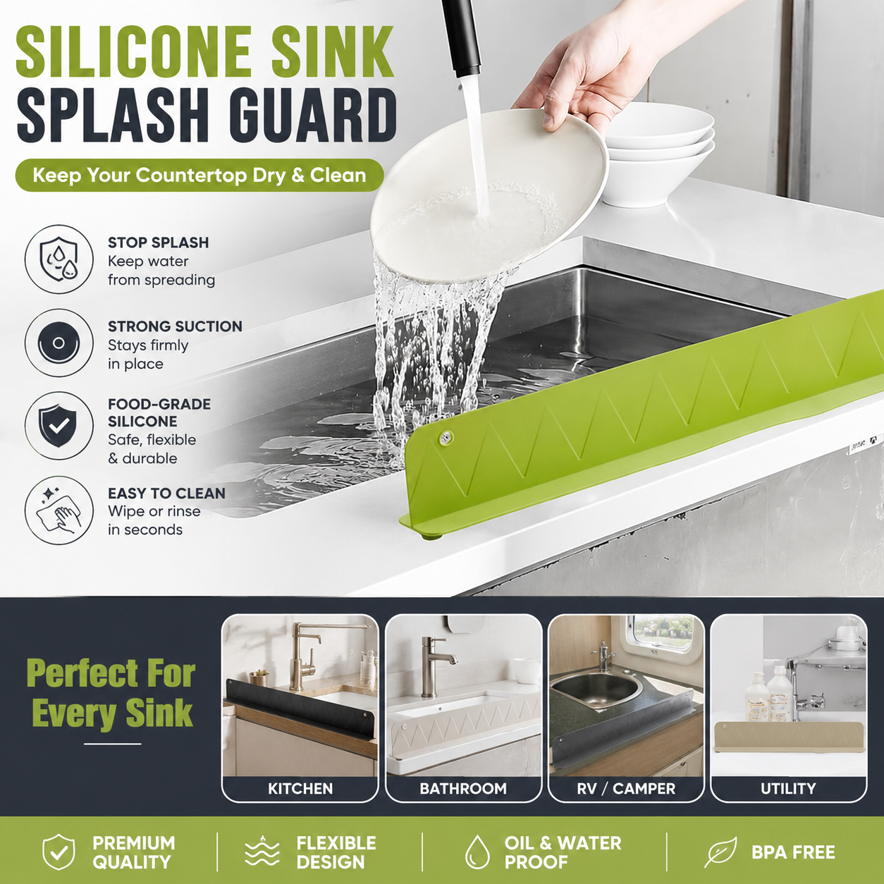 Silicone Sink Splash Guard Set | Non-Slip Water Barrier with Strong Suction Cups for Kitchen & Bathroom Use