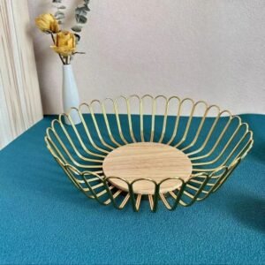 Luxury Gold Metal Wire Fruit Basket with Wooden Stand – Kitchen Countertop Fruit & Vegetable Storage Bowl