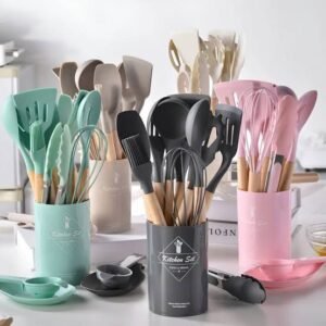 12 Pcs Silicone Kitchen Accessories Set with Holder – Heat Resistant Non-Stick Cooking Tools