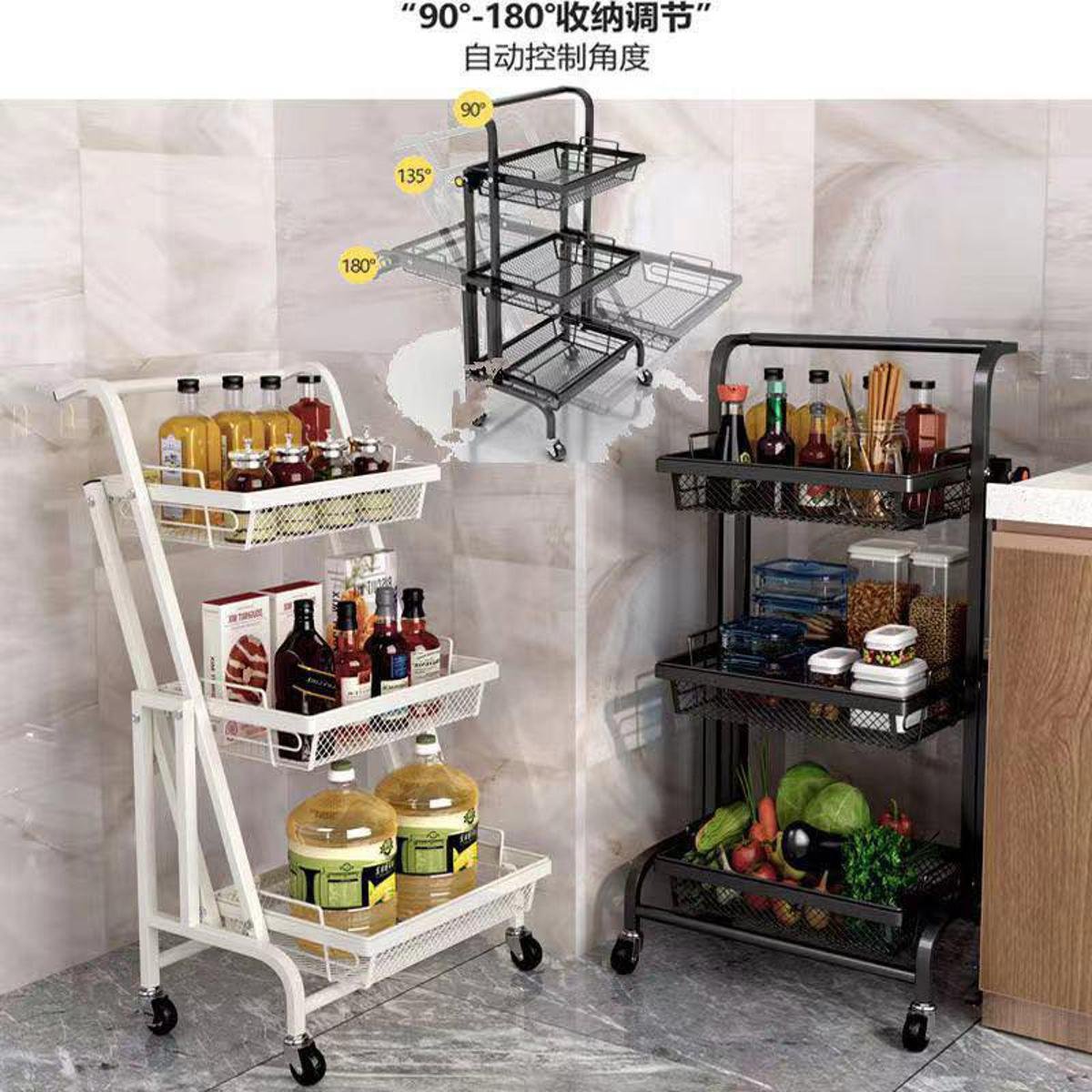 3 Tier Foldable Kitchen Cart Storage Shelf Rack with Wheels Storage Trolley - Image 2