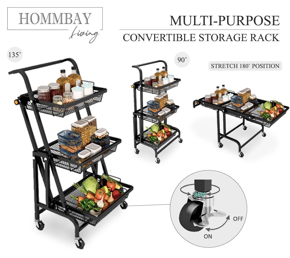 3 Tier Foldable Kitchen Cart Storage Shelf Rack with Wheels Storage Trolley - Image 3