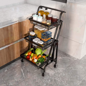 3 Tier Foldable Kitchen Cart Storage Shelf Rack with Wheels Storage Trolley