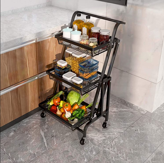 3 Tier Foldable Kitchen Cart Storage Shelf Rack with Wheels Storage Trolley
