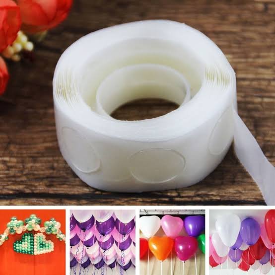 Roll of 100 double-sided glue dots for balloons, party decorations, weddings, and crafts.