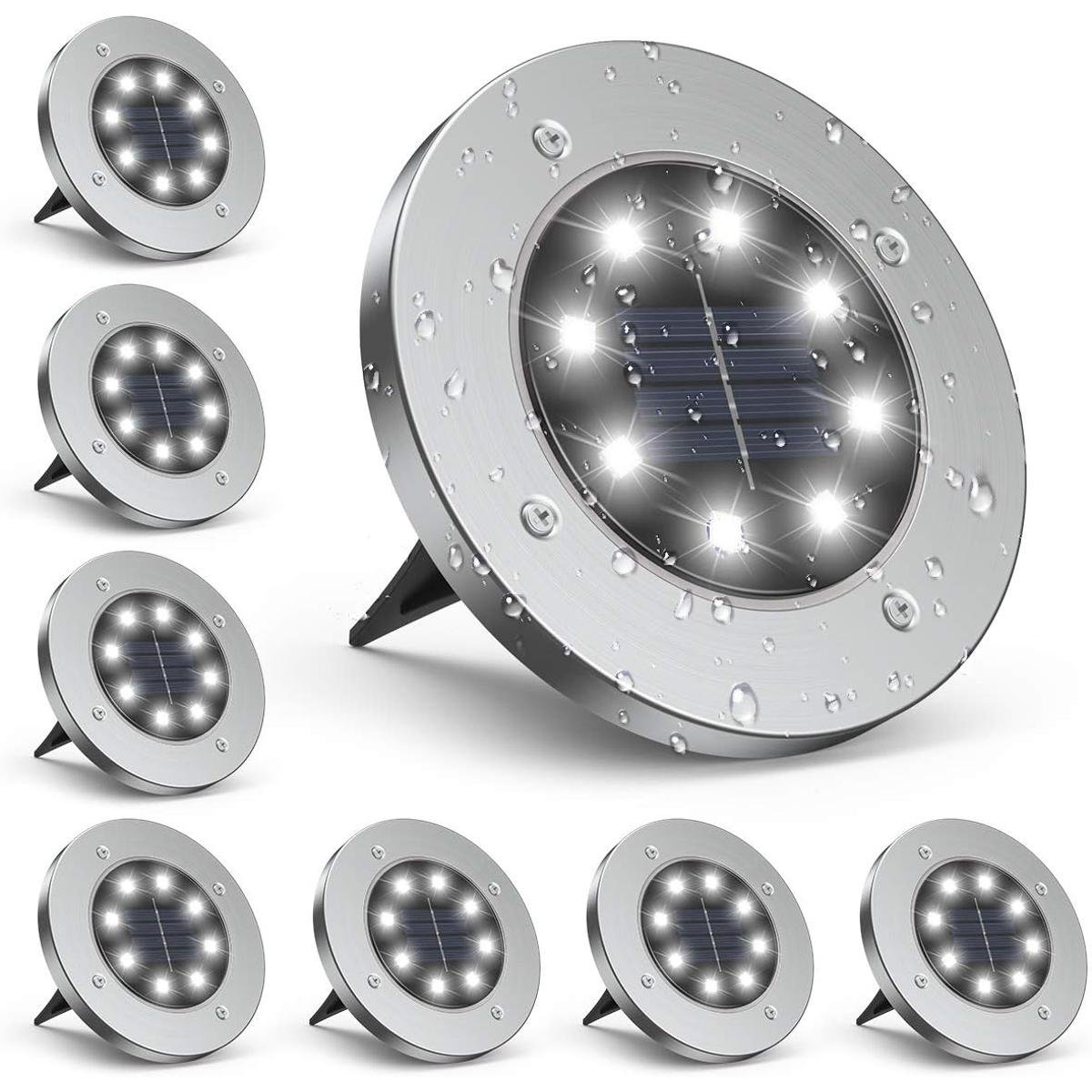 8 LED white solar ground light with IP65 rating for garden pathway patio and yard