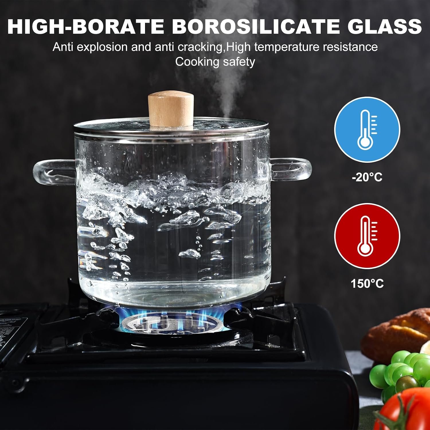 Heat Resistant Glass Cooking Pot – Stove Safe Transparent Glass Pot with Wooden Handle -1500ML