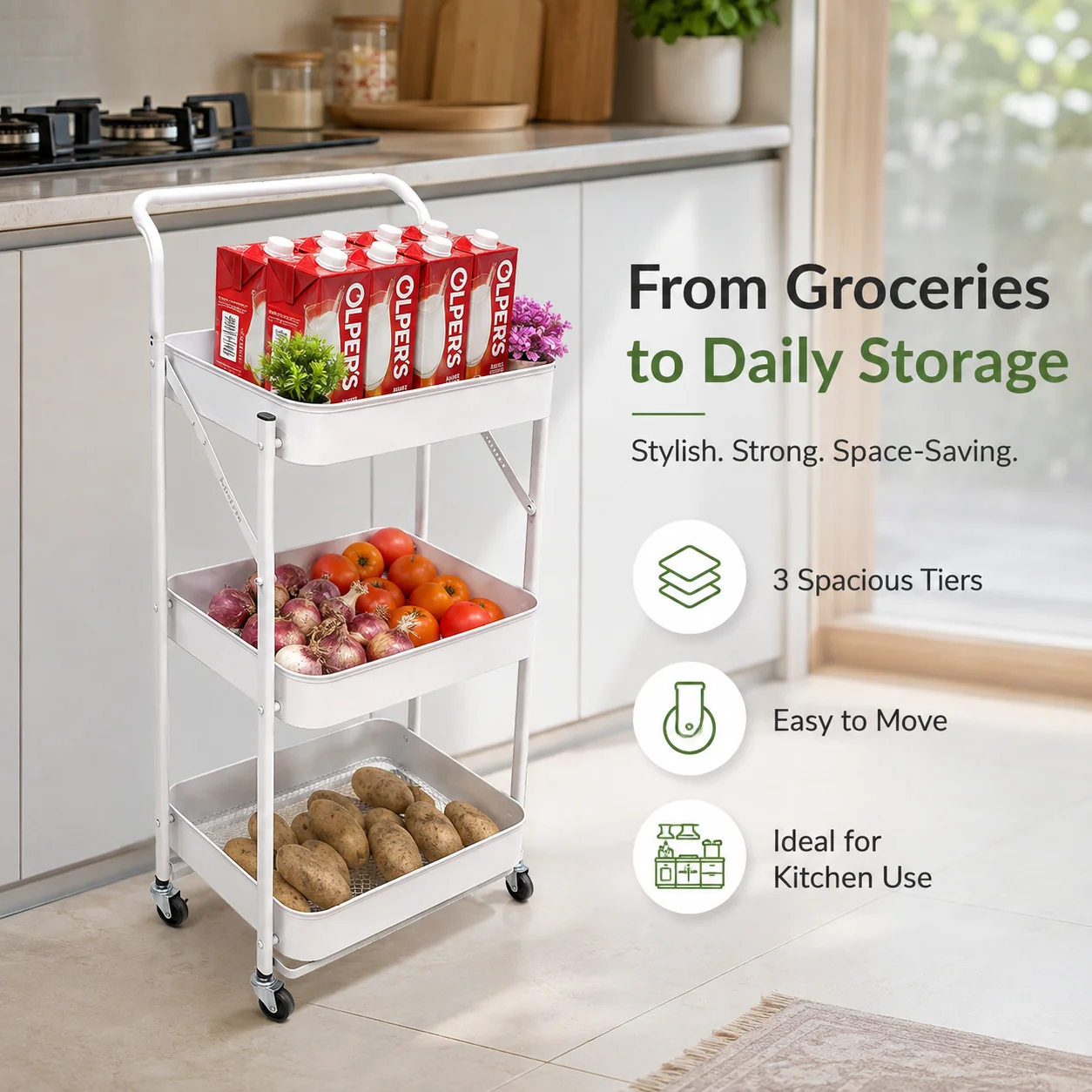 Foldable 3-tier metal trolley with wheels