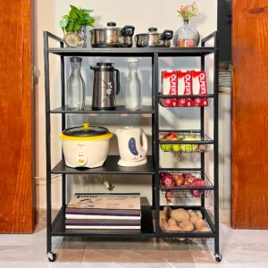 Multifunctional Storage Rack with 4 Shelves, 4 Baskets & Wheels