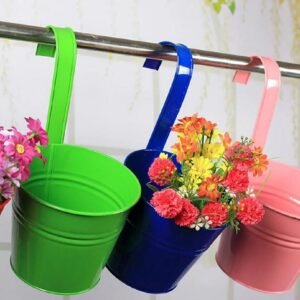 Iron metal hanging flower pot planter for a balcony fence or garden railing