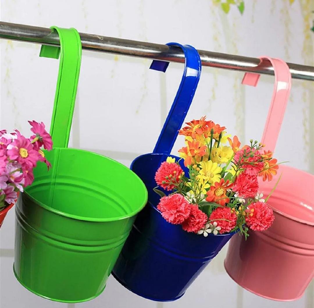 Iron metal hanging flower pot planter for a balcony fence or garden railing