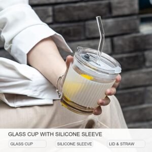 350ml Glass Cup with Silicone Sleeve | Reusable Tea, Coffee, Water & Iced Drink Cup